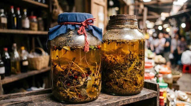 Traditional glass jars filled with medicinal herbs and roots soaking in alcohol at a local asian market