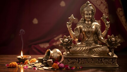 Fototapeta premium Elegant Golden Statue of Goddess Lakshmi with Flowers and Coins