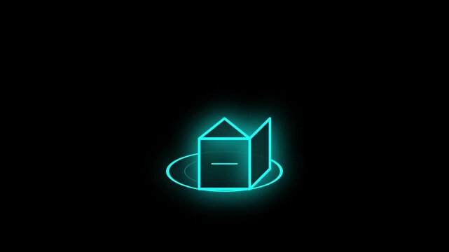 Glowing cyan architectural building icon and pink laser targeting grid animation on a dark background - 4K video