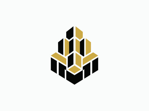 Abstract Geometric Architectural Cubes Logo Design In Black And Gold