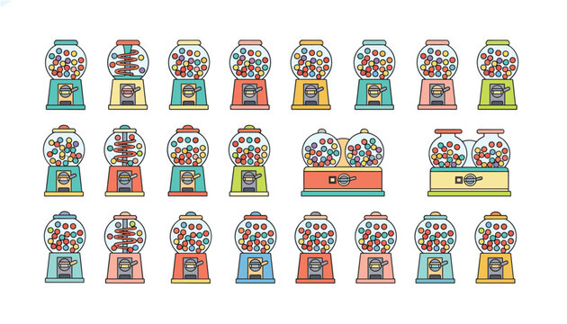Vibrant collection of retro gumball machines filled with colorful candy is presented in a neat grid pattern.