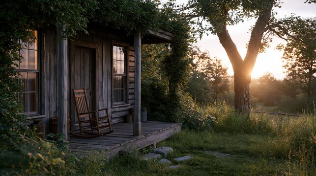 Rustic log cabin with rocking chairs on porch during golden hour sunset with sun flare filtering through trees