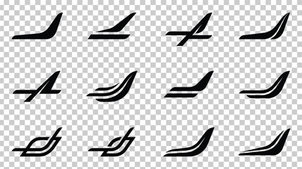 Fototapeta premium Minimalist airplane tail wing icons, set of 12 black aircraft stabilizer silhouettes, aviation logo vector elements for airline branding