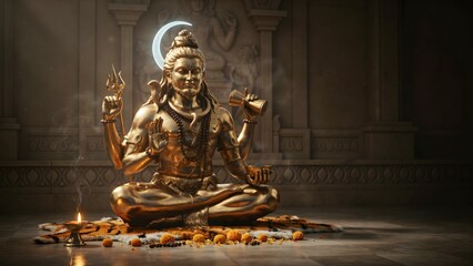 Obraz premium Serene Bronze Statue of Shiva in Tranquil Temple Setting