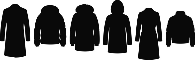 Set of black winter outerwear silhouettes including heavy jackets and coats with outerwear © Tharul