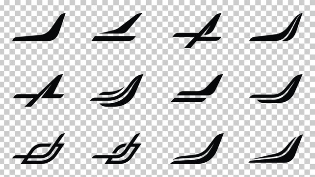 Minimalist airplane tail wing icons, set of 12 black aircraft stabilizer silhouettes, aviation logo vector elements for airline branding