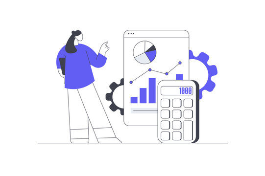 Business Analytics Inspection and Financial Accounting Report Audit. Female Specialist Standing near Revenue Chart Board and Calculator. Flat Cartoon Vector Illustration, icon Stylish abstract design 