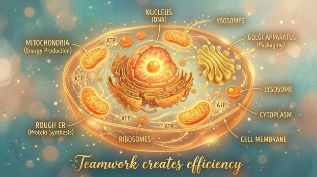 Detailed illustration of a eukaryotic animal cell, showcasing organelles like the nucleus, mitochondria, Golgi apparatus, and lysosomes with labels