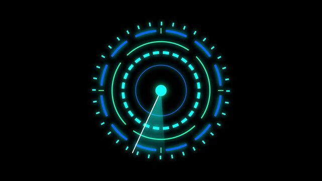 Futuristic Glowing Cyan Neon Radar HUD Scanner Screen with Rotating Sweep Beam and Concentric Digital Target Rings Motion Graphic Overlay 4k video