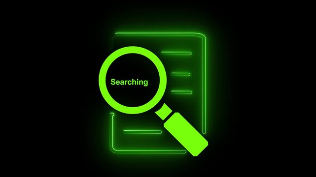 Document search concept displayed through a glowing green neon magnifying glass inspecting text lines on a virtual paper sheet against a dark background for business data analysis themes.