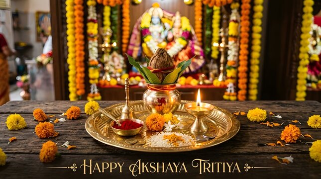 Akshaya tritiya puja thali with coconut and lamp on wood table