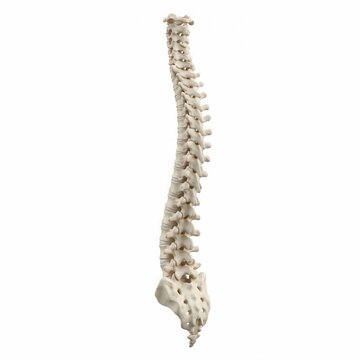Lateral side view of adult human vertebral column and spine on white background