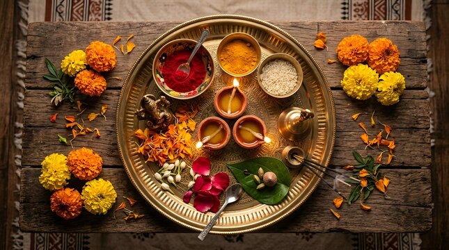 Top view of pooja thali with flower and lamps on wooden table