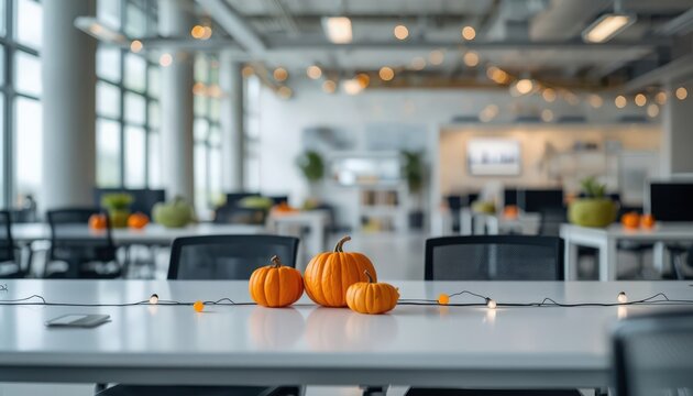 Orange pumpkins sitting on a white modern office desk decorated with festive warm string lights