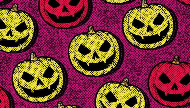 Creepy jack o lantern pumpkins arranged in repeating pop art pattern with vibrant neon pink background