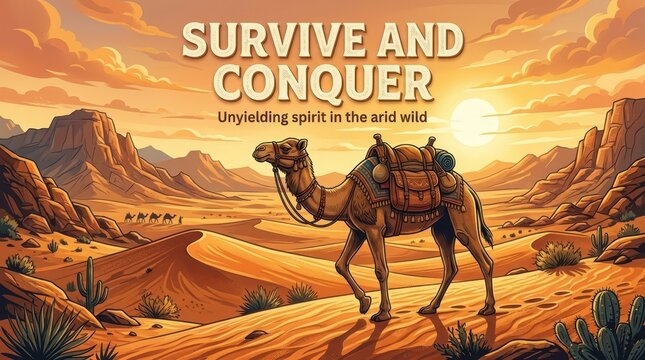Camel caravan traversing a vast desert landscape at sunset, symbolizing survival and conquest with an unyielding spirit.