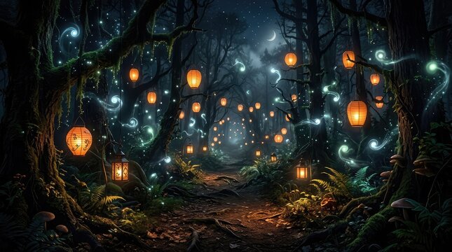 Enchanted forest path with glowing lanterns at night