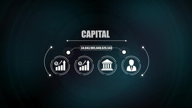 Business capital concept displaying financial growth chart icon, innovation light bulb, banking institution graphic, and corporate executive.