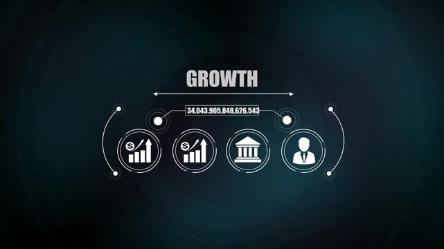 Business growth concept showcasing financial chart icon, innovative idea light bulb, banking institution symbol, and corporate manager.