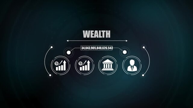 Business wealth concept displaying financial profit growth chart, innovation idea bulb, banking institution icon, and corporate executive.