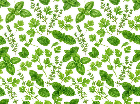 Seamless pattern with fresh green culinary herbs and leaves