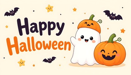 Fototapeta premium Cute Happy Halloween Greeting Card with Smiling Ghost, Pumpkins and Bats