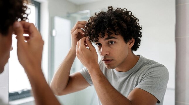 Young man with curly hair styles it in a modern bathroom mirror. He adjusts his hairstyle with his fingers, getting ready for his day with clean grooming.