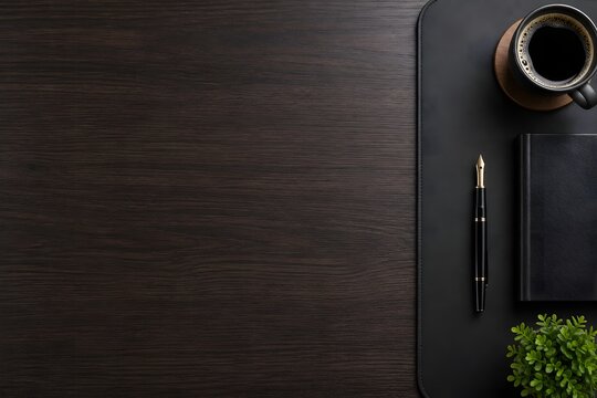 Dark wood desk background with coffee and notebook. Professional office workspace top view. Minimalist business desk mockup with copy space.