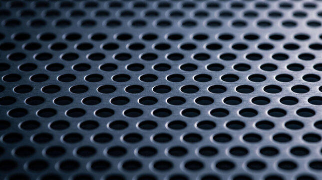 Brushed dark metal sheet with circular perforated holes pattern creates industrial texture for architectural design and technology background in monochrome tones.