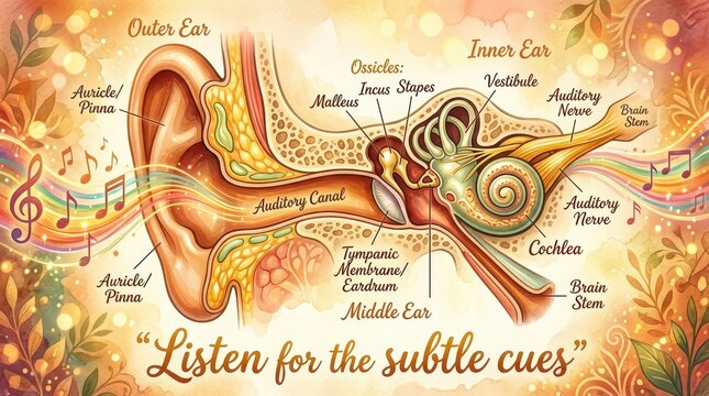 Detailed illustration of the human ear anatomy with labels showing outer, middle, and inner ear structures, sound waves, and musical notes