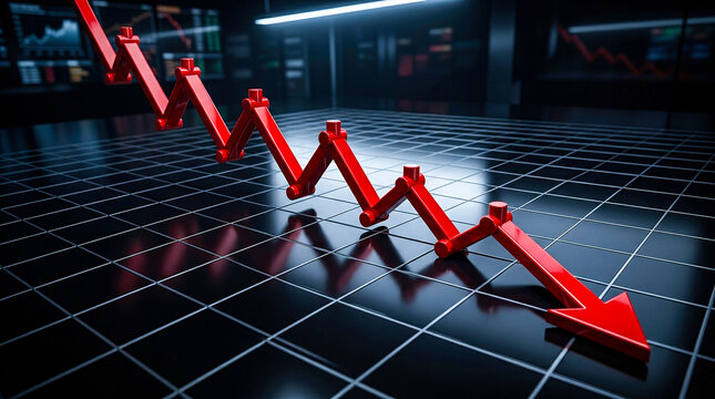 Red zigzag stock market line graph showing a dramatic downward trend and sharp decline on a dark grid financial background.