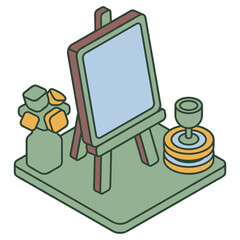 Naklejka premium Isometric pixel art of an artist's easel with flowers and a drink