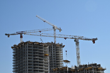 Tower cranes operating at a high-rise residential building construction site against a clear blue sky © Elton