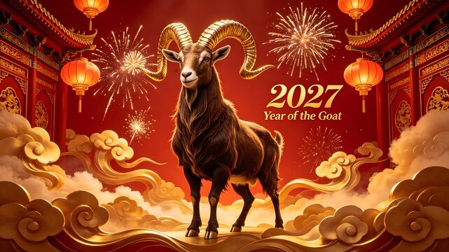 Chinese New Year 2027 Year of the Goat Temple Fireworks Background
