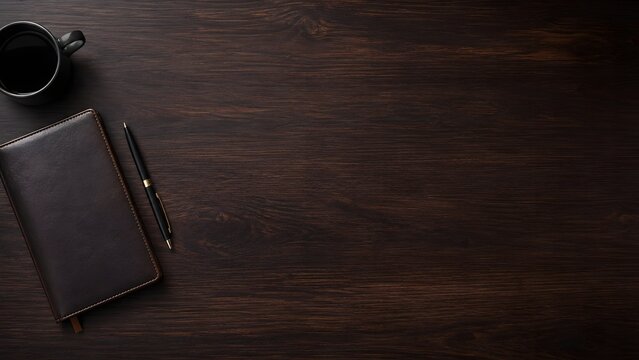 Dark wood desk background with leather notebook and coffee cup. Professional office workspace top view. Elegant wooden tabletop with copy space.