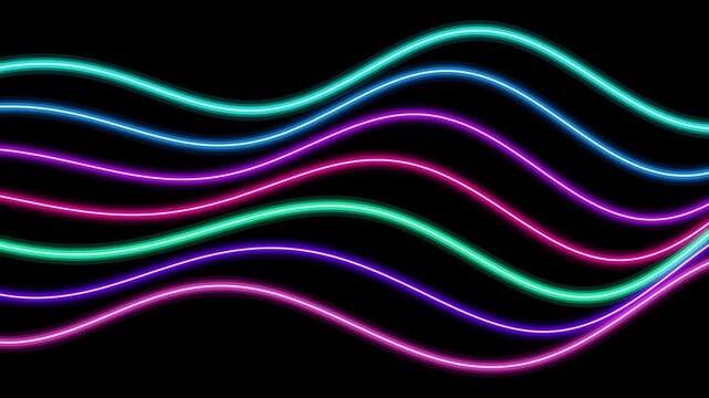 Glowing colorful neon wavy lines and dynamic glowing neon wave animation on a dark background - 4K video