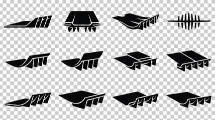 Fototapeta premium Racing car diffuser icons set, black aerodynamic automotive parts, 12 vehicle spoiler and bumper elements for performance tuning
