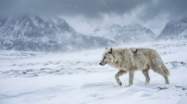 Arctic wolf walking through deep snow against a snowy mountain landscape