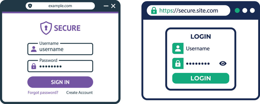 Two website browser windows showing user login and account registration forms with input fields and buttons on a white background