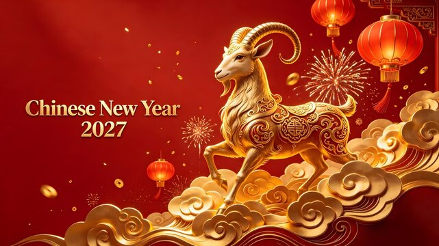 Chinese New Year 2027 Year of the Goat Golden Clouds Background