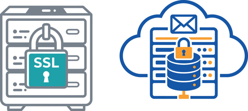 Digital icons representing secure server hosting and protected cloud storage systems with padlocks for data privacy and network security