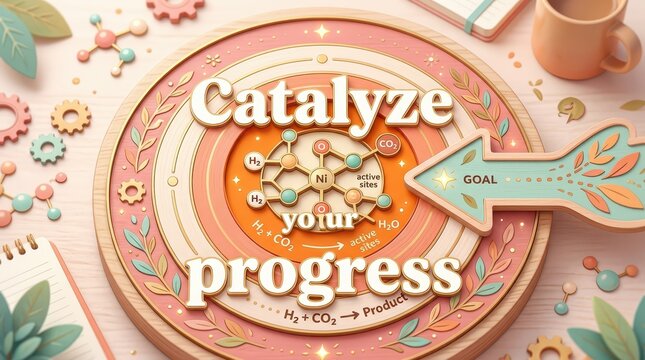 Concept of catalyzing progress towards a goal with chemical molecules, gears, and inspirational text