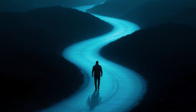Silhouette of a Person Walking Along a Serene Curved Pathway