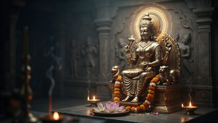 Fototapeta premium Serene Golden Statue of Goddess with Lotus and Candles in Temple