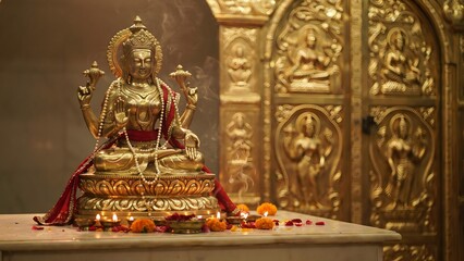 Fototapeta premium Golden Statue of Goddess in Ornate Temple Setting with Offerings