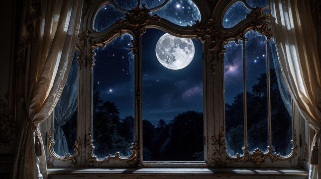 Ornate window frames full moon and starry sky over dark forest. Curtains frame romantic vintage night view from secluded room. Celestial beauty fills dark night.