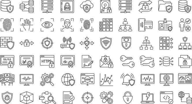 Cybersecurity and network data protection line icon set featuring encryption and authentication concepts