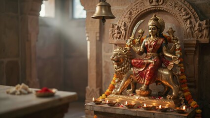 Obraz premium Golden Statue of Goddess Riding Lion in Beautiful Temple Setting