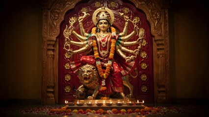 Fototapeta premium Majestic Divine Idol of Goddess Durga Surrounded by Traditional Decor
