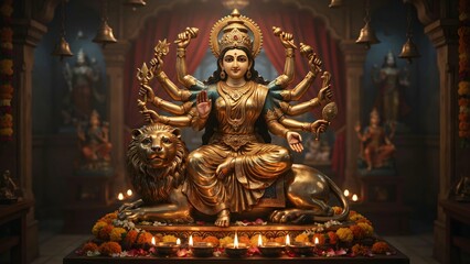 Fototapeta premium Majestic Golden Statue of Goddess Durga in Divine Temple Setting